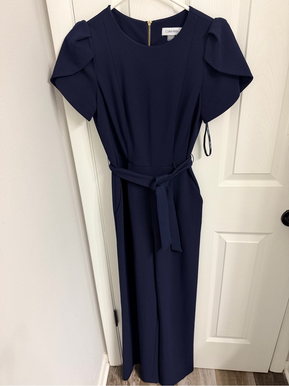 Calvin Klein Navy Tulip Sleeve Belted Jumpsuit